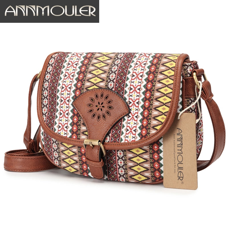 Annmouler Brand Design Women Shoulder Bag Vintage Hollow Out Crossbody Bag Pu Leather Small Bag Bohemian Style Messenger Bags