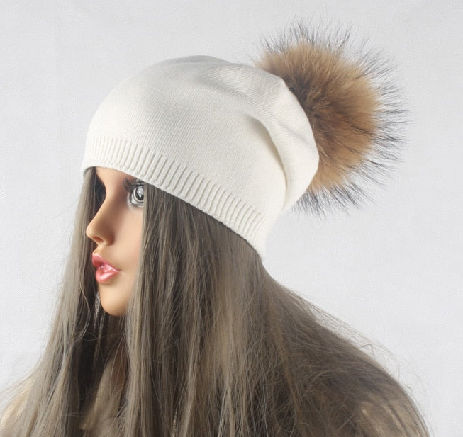 Autumn Winter Pompom Beanie Hat Women Wool Knitted Skullies Beanies Casual Female Cashmere Cap Real Raccoon Fur Pompom Hat