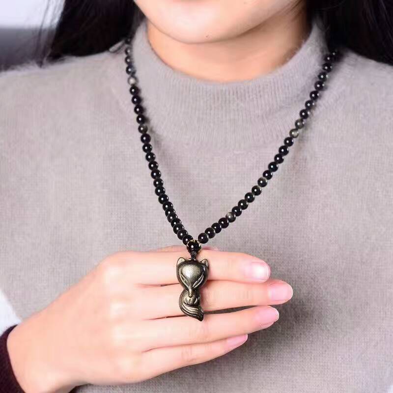 Venta al por mayor, collar de piedra de obsidiana Natural negra dorada, colgante de zorro de la suerte de nueve colas para mujeres y hombres, joyería de moda JoursNeige