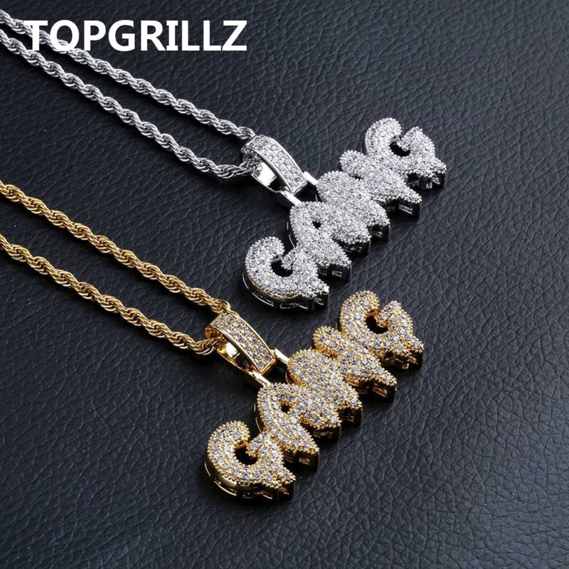 TOPGRILLZ Iced Out Cubic Zircon Bling Bubble Letters GANG Pendant Necklace Men Women Hip Hop Gold Silver Color CZ Necklace Gifts