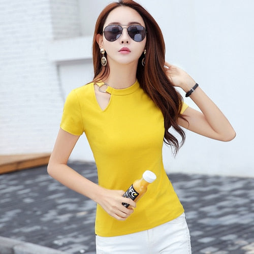 2022Summer Fashion Women T Shirt Hollow Solid Color O-neck Short Sleeved Short Shirt Women Casual Tops Clothing Korean Style