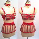 100% Handcrafted Heavy Duty 4 Row Caged Bra PU Leather Women Harness Bondage Chest Lingerie Bra Belt Skirt Harness Waist Belt