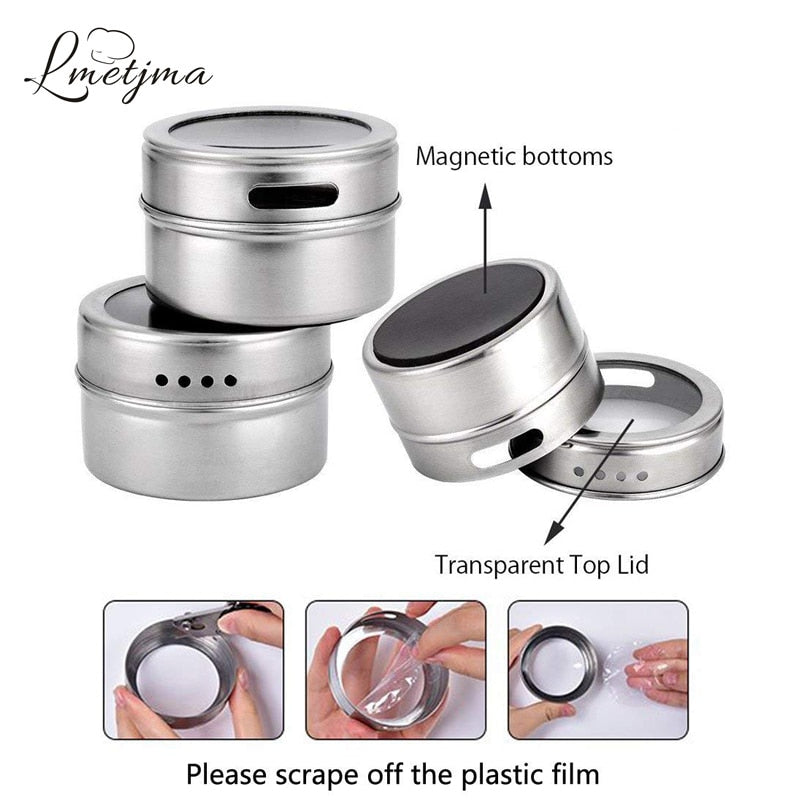 LMETJMA Magnetic Spice Jars with Spice Rack 304 Stainless Steel Spice Tins Spice Storage Jar Tins Pepper Seasoning Shakers Jars