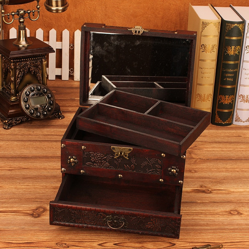 Joyero de madera grande Estuche de cosméticos con patrón vintage con cerradura Caja de almacenamiento de tocador de escritorio con espejo