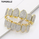 TOPGRILLZ Hip Hop GRILLZ Iced Out AAA Zircon Fang Mouth Teeth Grillz Caps Top &amp; Bottom Grill Set Men Women Vampire Grills