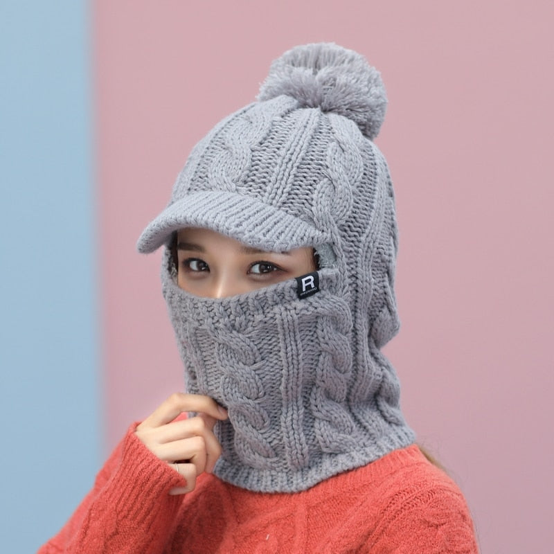 2021 Warm Neck Knit Hat Fur Pompoms Hat Mask Winter Hat For Girl Wool Knitted Hat Female Balaclava Caps Gorras Bonnet