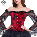 Women Halloween Steampunk Corset Sexy Bodice Long Sleeve Red Corselet Lace Up Bustier Party Club Wedding Tops Plus Size S-6XL
