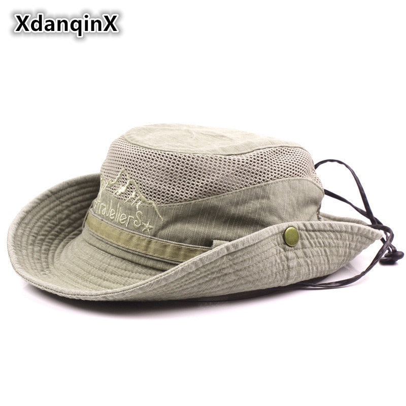 XdanqinX Erwachsene Herren Cap Sommer Mesh Atmungsaktiv Retro 100% Baumwolle Eimer Hut Panama Dschungel Angeln Hüte Neuheit Dad's Beach Cap