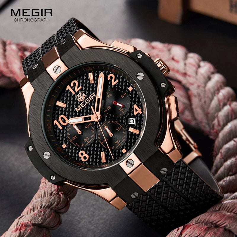 Relojes de pulsera de cuarzo con cronógrafo deportivo militar para hombre, cronómetro militar de silicona negra, reloj Masculino 2050G