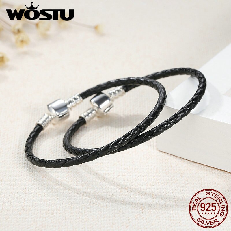 2019 nuevo 100% Plata de Ley 925 y cadena de cuero negro Real Charm Fit pulsera para Mujeres Hombres joyería fina Original XCHS911