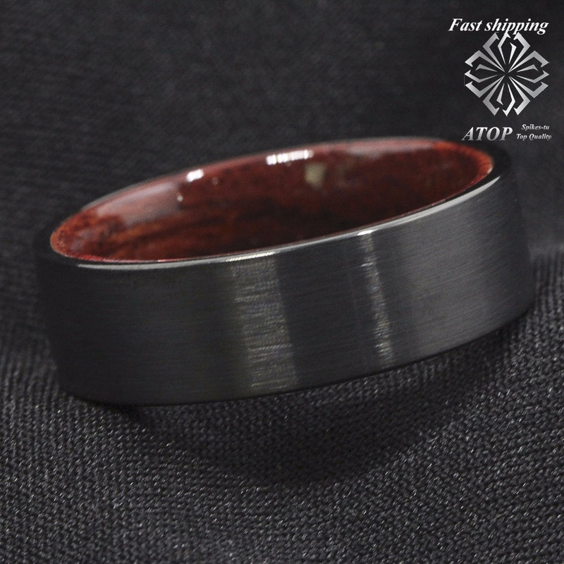 8mm Black Brushed Tungsten Red Sandal Wood Inlay Wedding Band Ring Men&