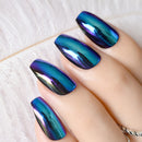 Super Holographice Coffin Nails Mirror Blue Chrome Sparkly Ballerina Fake Nails Medium Size Manicure Tips with Glue sticker