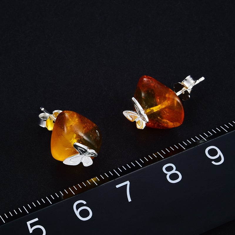 Lotus Fun Real 925 Sterling Silver Natural Amber Stone Handmade Designer Fine Jewelry Butterfly Stud Earrings for Women Brincos