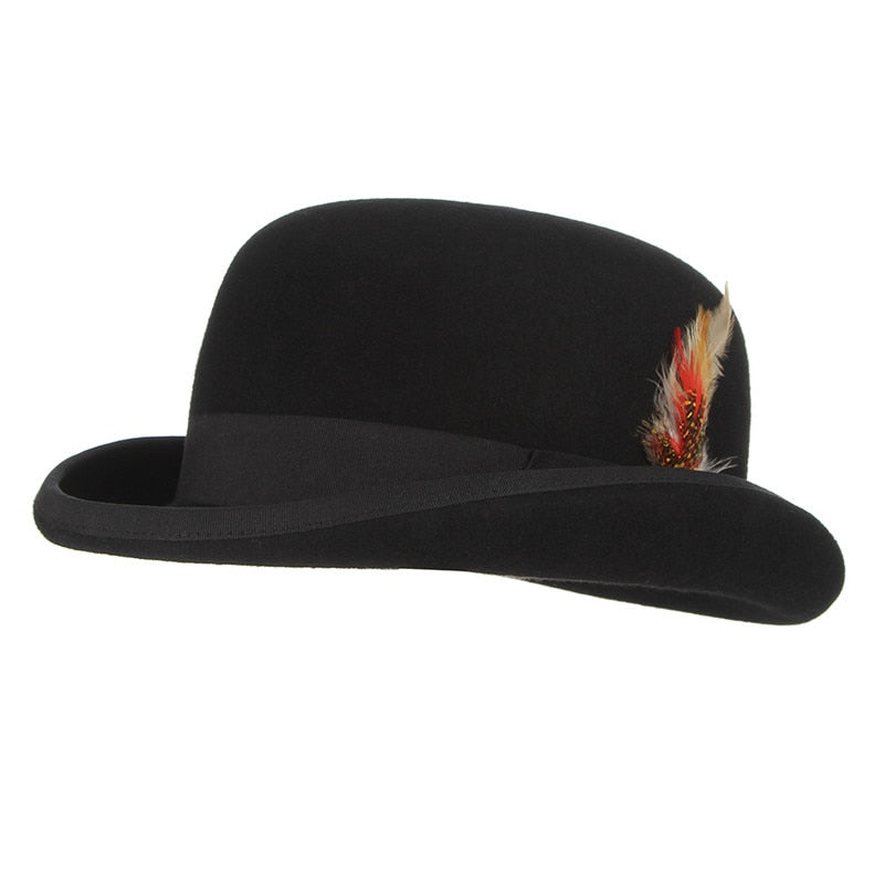 GEMVIE 4 Größen, 100 % Wollfilz, schwarzer Derby-Bowler-Hut für Männer und Frauen, Feder, Satin, Futter, lässig, formeller Fedora