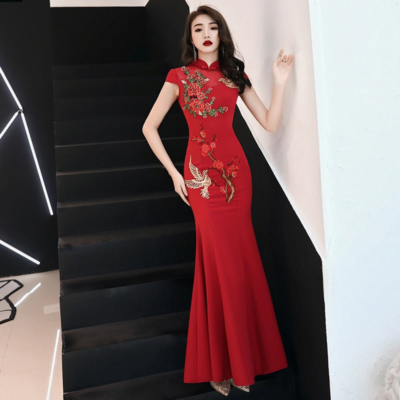 Embroidery Chinese Traditional Plus Size 3XL Vestidso Cheongsam Elegant Bride Wedding Party Dress Mermaid Sexy Long Qipao S-180