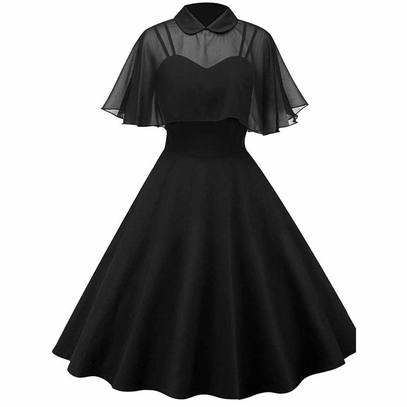 Women Vintage Gothic Cape Black Dress 2022 Autumn Two Piece Mesh Cloak Sleeves Peter Pan Collar Elegant Retro Goth Party Dresses