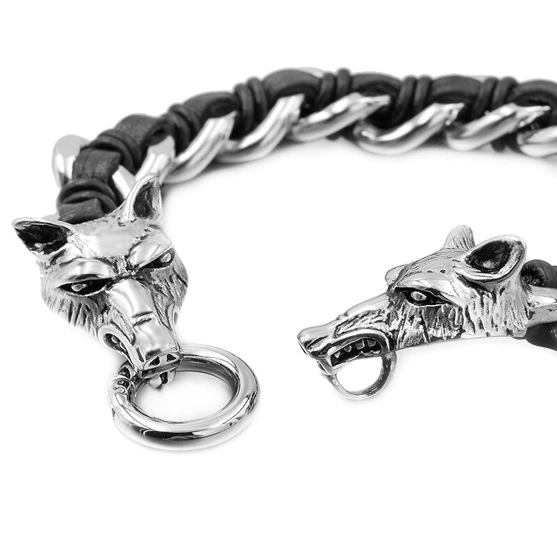 Double Wolf Head Bracelet Men Punk Rock Jewelry 316L Stainless Steel Bracelet Leather Cuban Chain Cool Gift 2018 New