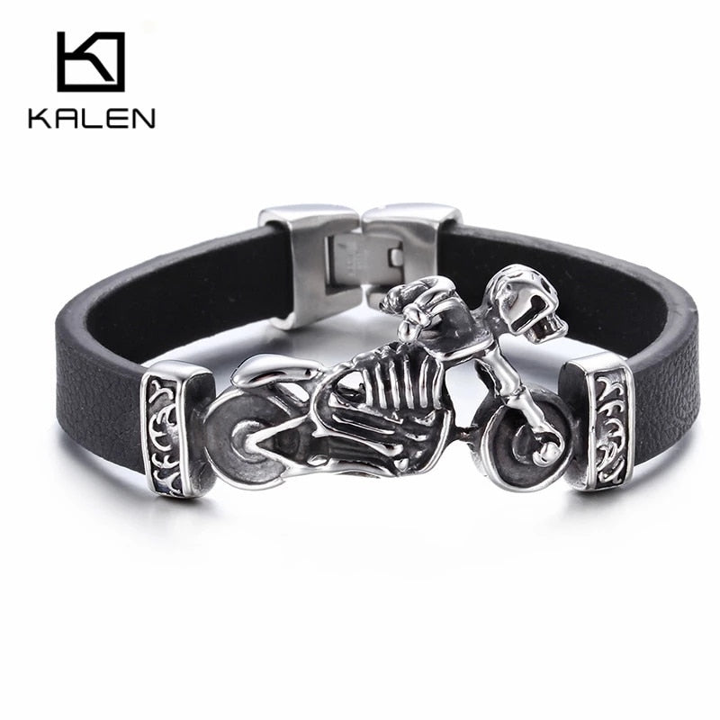 Kalen, nueva y única joyería masculina, pulsera con abalorio de motocicleta de acero inoxidable, pulseras de cuero duraderas Punk Rock, regalo genial barato