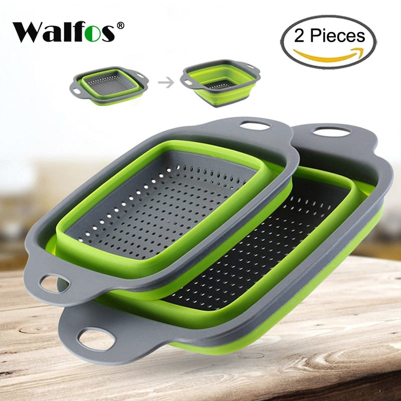 WALFOS 2 unids/set cesta de colador plegable conjuntos de colador plegable forma cuadrada escurridor de lavado de frutas y verduras cestas de cocina