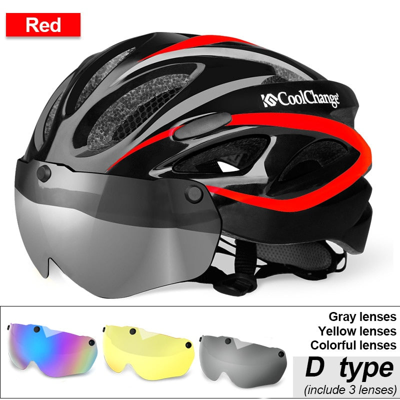 CoolChange Cycling Helmet Integrally-molded Ultralight MTB Bike Helmet With Glasses Insect Net Bicycle Casco Ciclismo 57-62 CM