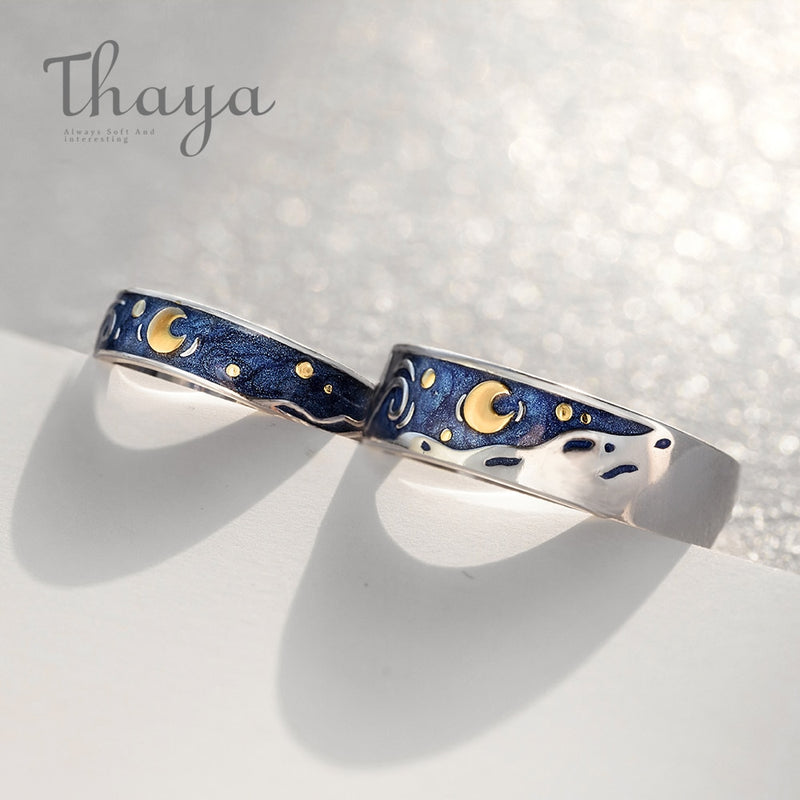 Thaya Van Goghs Emaille-Paarringe Sky Star Moon s925 Silber Glitzerringe Verlobungsring Hochzeitsschmuck für Frauen