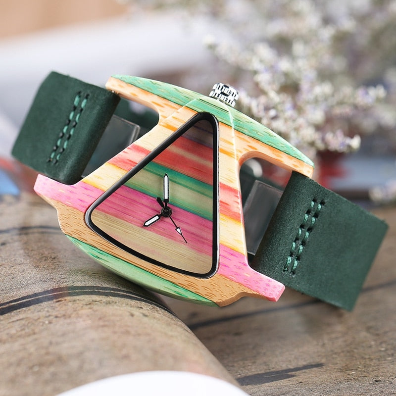 Unique Colorful Wood Watch Creative Triangle Shape Dial Hour Clock Women Quartz Leather Bracelet Watch Women&