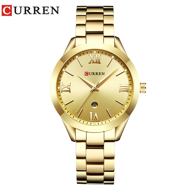 CURREN Marke Frauen Stahl Uhr Damen Luxus Kleid Mode Quarz Armbanduhr Klassische Kristall Gold Armband Frauen Uhr Uhr