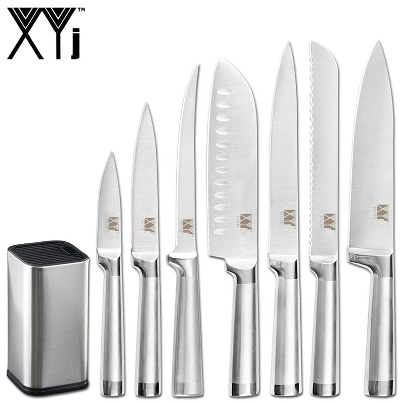 XYj Kitchen 8pcs Stainless Steel Knives Set 8 inch Knife Stand Boning Santoku Knives Fish Sushi Japanese Style Cooking Tools