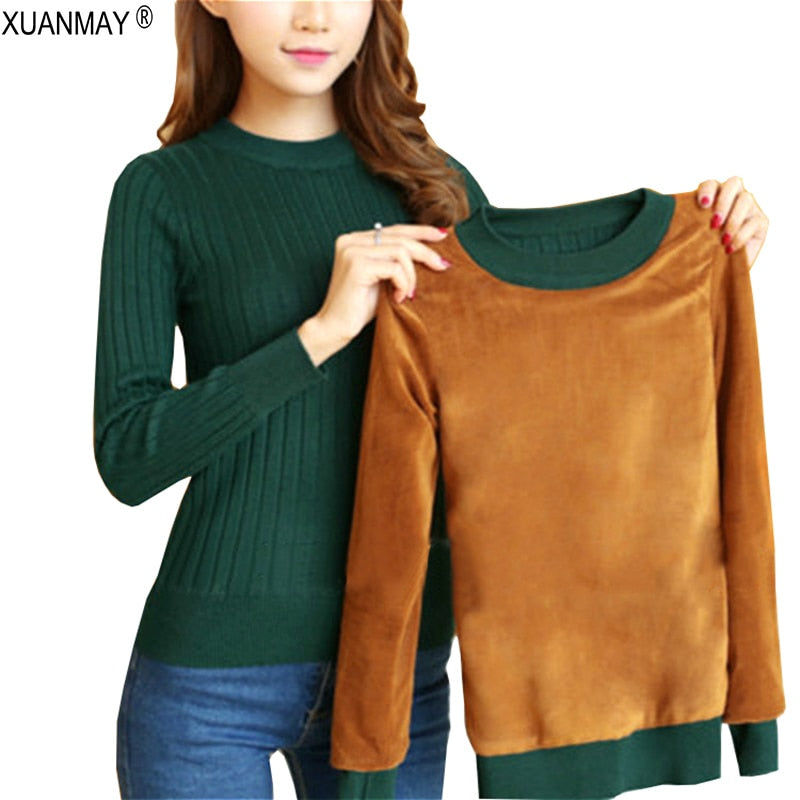 2021 Winter Plus Thick Velvet knit Sweater Bottoming shirt Velvet lining Warm Pullover Sweater female Fashion Thick Sweater