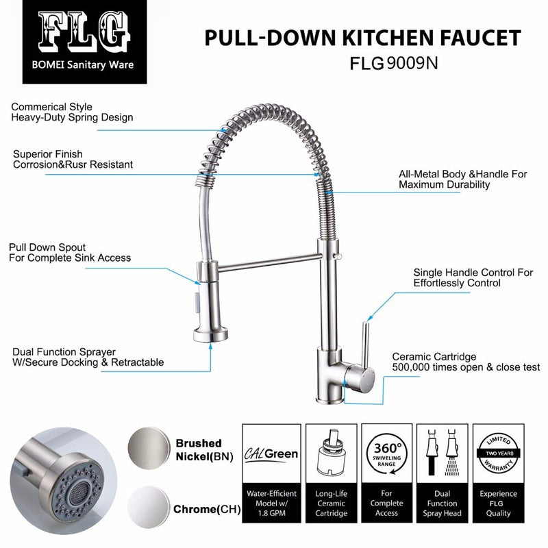 FLG Spring Style Kitchen Faucet Brushed Nickel Sink Faucet Pull Out Torneira All Around Swivel 2-Function Water Outlet Mixer Tap