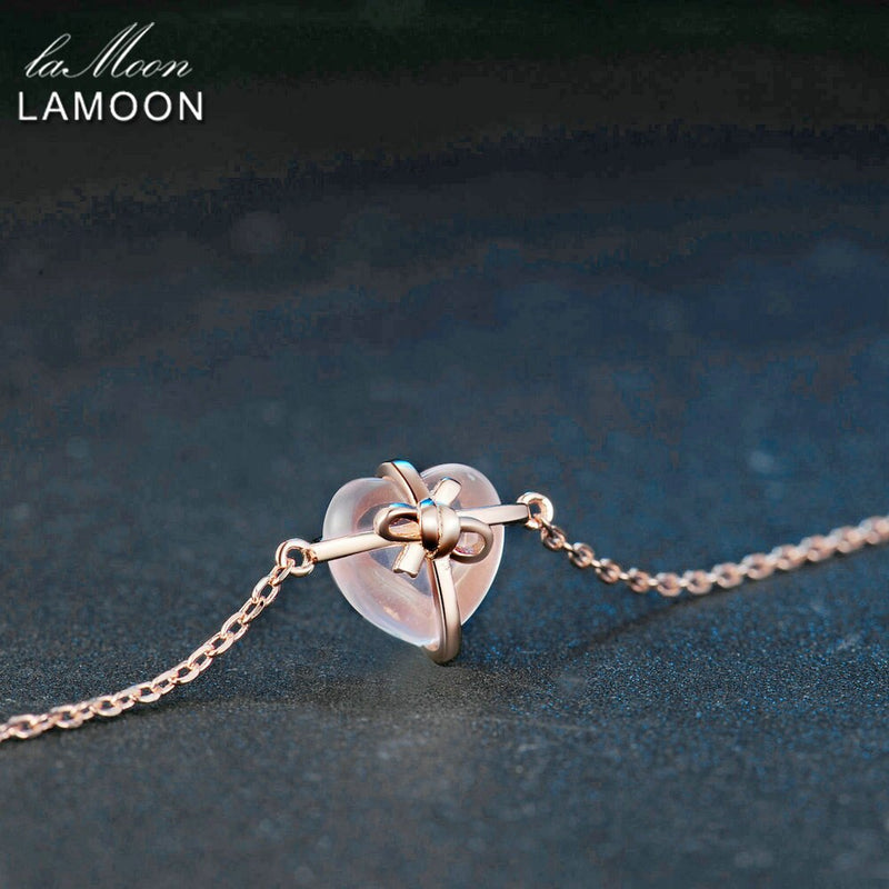 LAMOON, pulsera de plata de ley 925 para mujer, pulsera de corazón, piedra preciosa de cuarzo rosa, joyería fina chapada en oro rosa de 18 quilates LMHI047