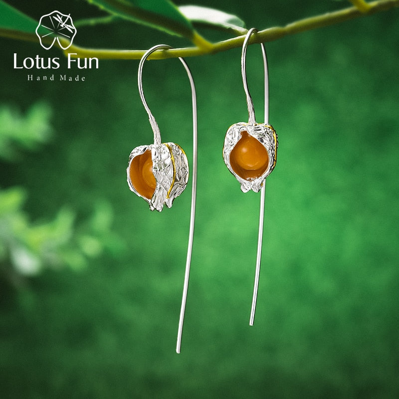 Lotus Fun Real 925 Sterling Silver Earrings Natural Stone Fine Jewelry Design Physalis Fruits Dangle Earrings for Women Brincos