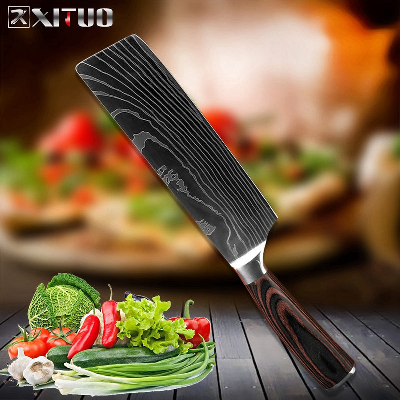 XITUO, cuchillo de Chef de cocina, patrón de Damasco láser, acero inoxidable de alto carbono, antiadherente, Santoku congelado, cuchillo de carnicero para pan kni