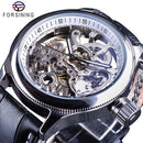 Forsining Waterproof Golden Black Skeleton Clock Two Button Decoration Mechanical Wrist Watches for Men Black Genuine Leather