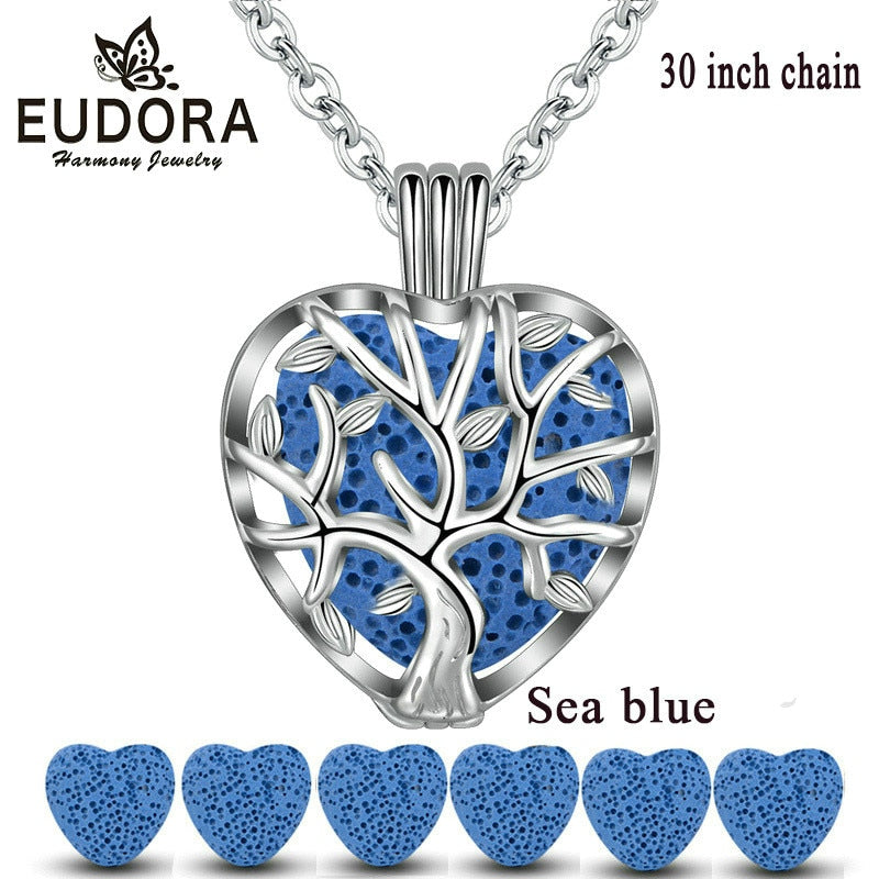 Eudora 20mm Lava Necklace Pendant Heart Volcanic Stone Tree of life Cage Pendant Necklace For DIY Essential Oil Perfume KFC10N20