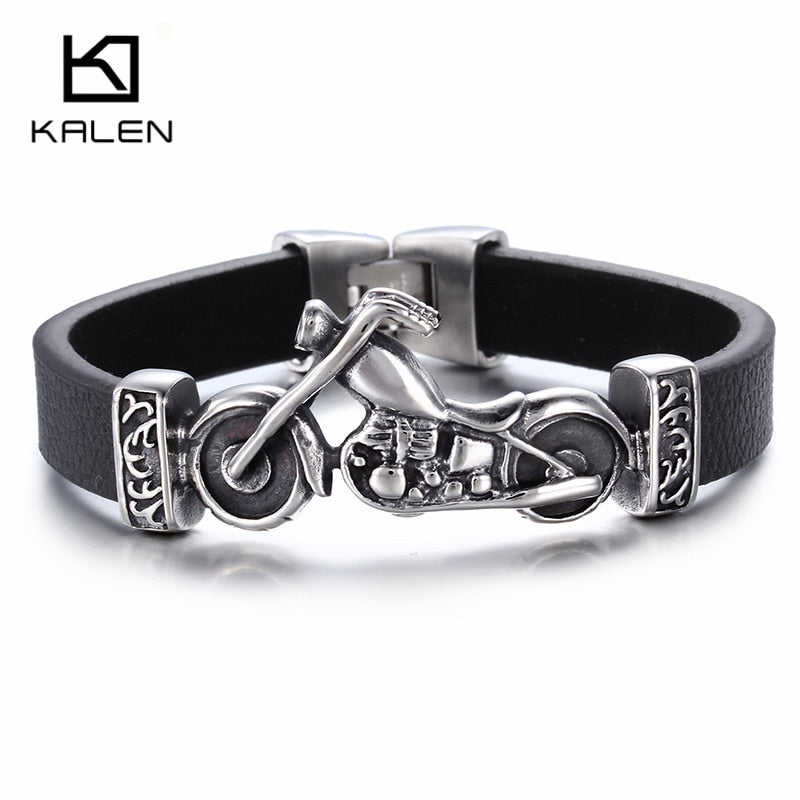 Kalen, nueva y única joyería masculina, pulsera con abalorio de motocicleta de acero inoxidable, pulseras de cuero duraderas Punk Rock, regalo genial barato