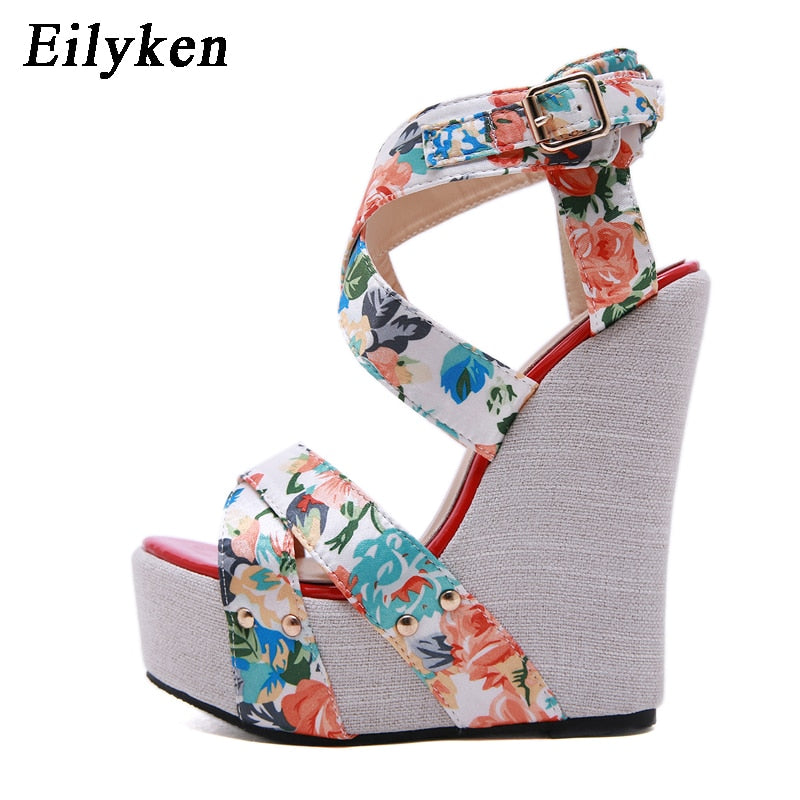 Eilyken Designer Hebilla Correa Plataforma Cuñas Sandalias de mujer Moda Seda Punta abierta Tacones altos Banquete Zapatos de fiesta