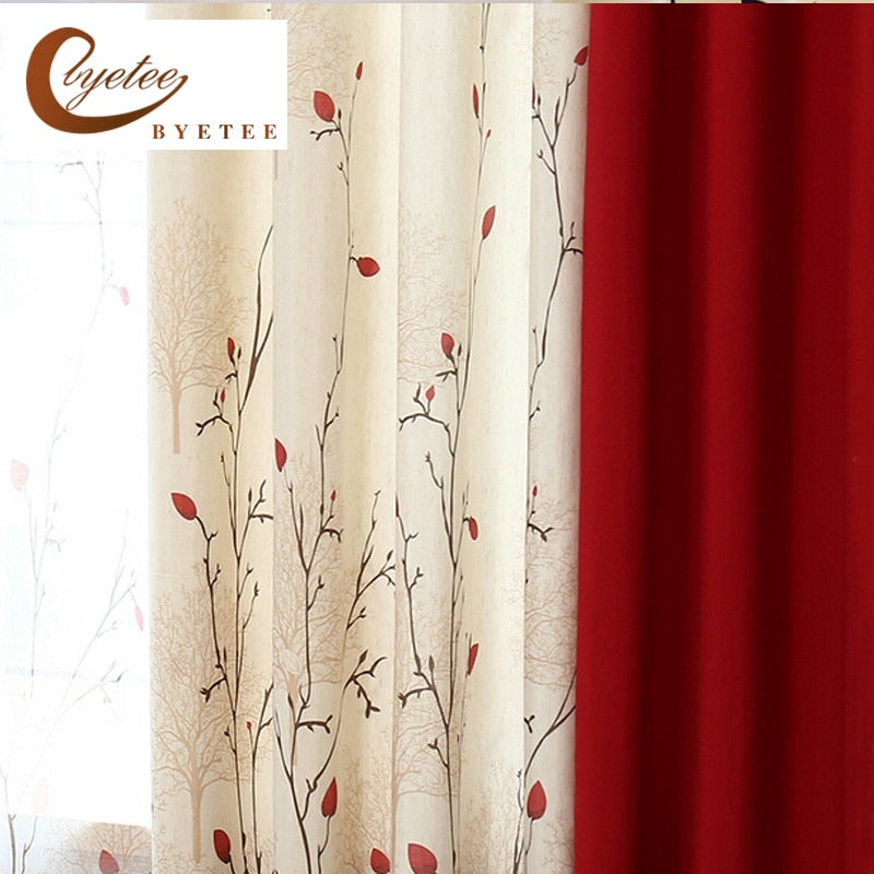 {byetee} Faux Cotton Linen Curtain Modern Rustic Red Stitching Living Room Curtains Fabrics Kitchen Door Curtains Drapes