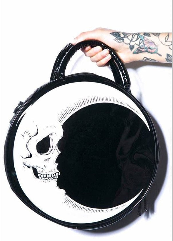 JIEROTYX Women Lady Girl Punk Dark Skull Head Thunder Flash Printed Gothic Cross Body MOON Messenger Bag Round Handbag Harajuku