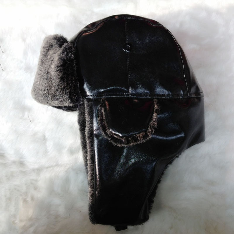 Bomber Hat with Ear Flap Mens Winter Faux Leather Fur Russian Earflap Trapper Cap Aviator Fleece Beanie Male