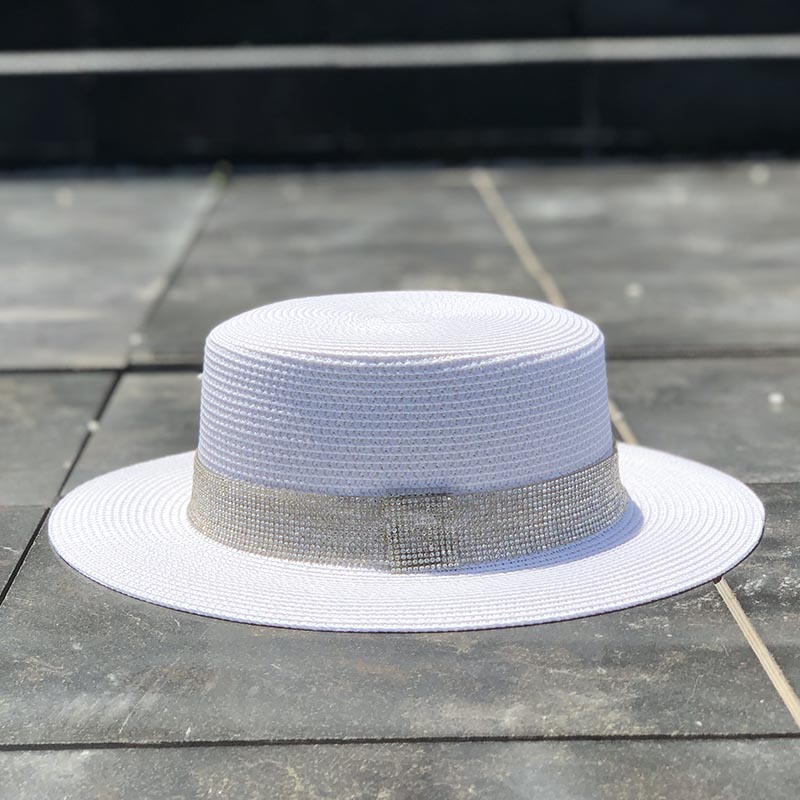 Spring Summer New Retro Gold Braided Flat Head Straw Hat Lady Wide Eaves Sunscreen Sun Hat Diamond Cap 2019 Hot