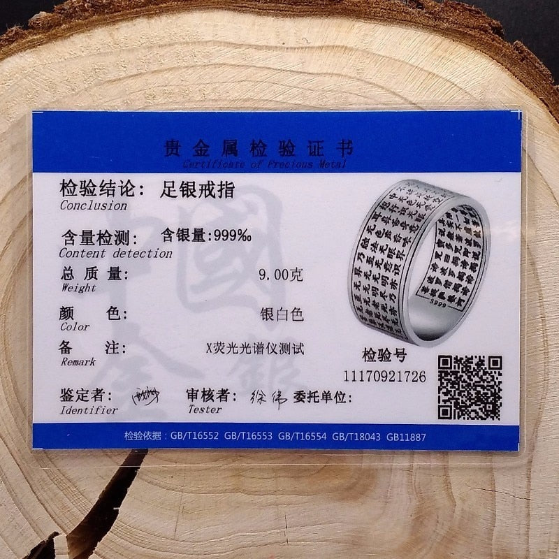 ZABRA Echtes Silber 999 Herz-Sutra-Ring für Männer, große breite Ringe, Buddha, chinesische Buchstaben, klar, graviert, Vintage-Schmuck für Männer