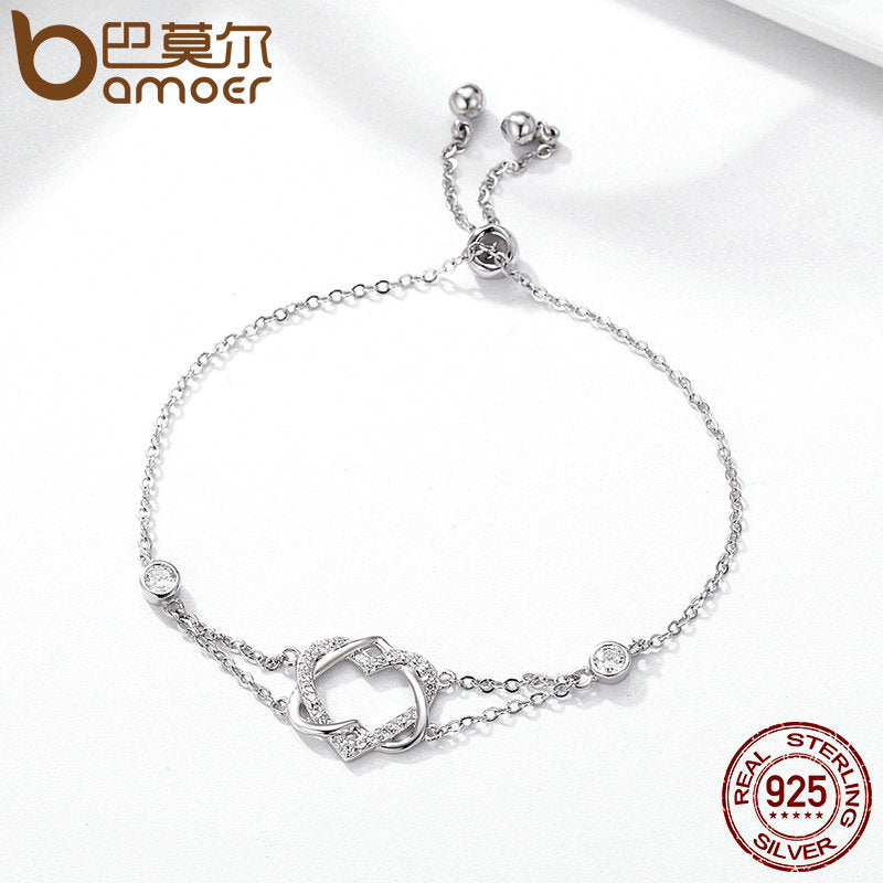 BAMOER Genuine 925 Sterling Silver Twisted Double Heart in Heart Chain Bracelets For Women Authentic Silver Jewelry Gift SCB022