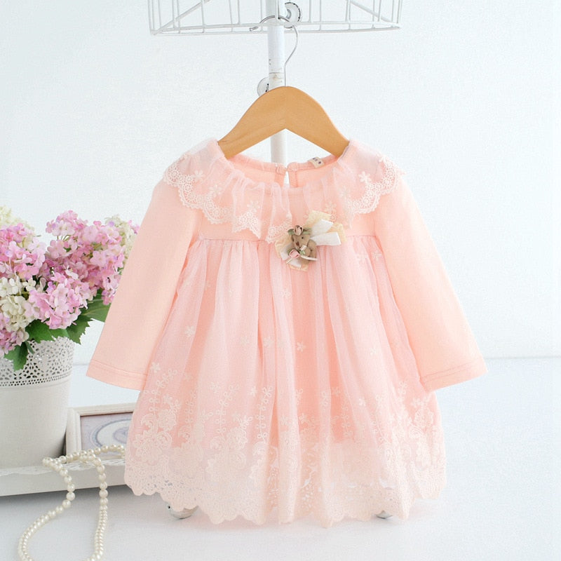 Baby Girl Dress 0-2Y Newborn Cute Baby Embroidery Cotton Dress Infant Baby Birthday Dress Baby Clothes with Toy Bear 2 Color