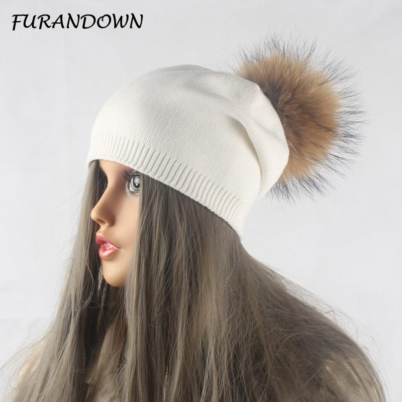 Autumn Winter Pompom Beanie Hat Women Wool Knitted Skullies Beanies Casual Female Cashmere Cap Real Raccoon Fur Pompom Hat