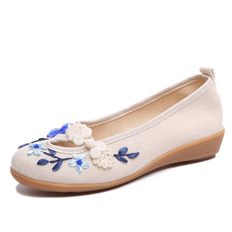 Veowalk Brand 3D Flowers Appliques Women Linen Slip on Ballet Flats Breathable Fabric Ladies Casual Chinese Shoes Ballerina