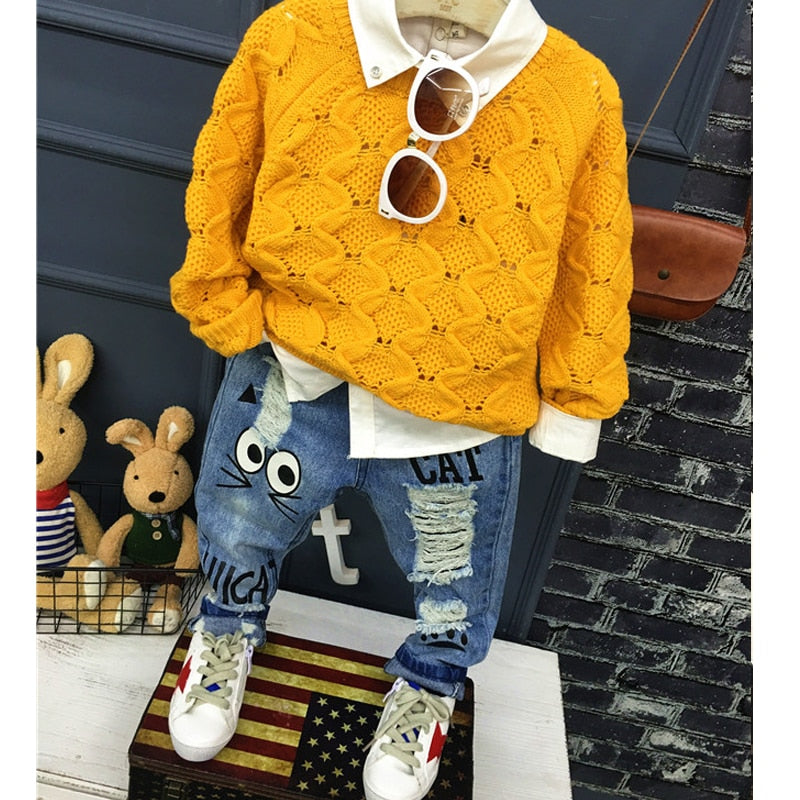 Neue Mädchen Jeans Frühling Herbst Kinder Hosen 1-7 Jahre Baby Jungen Mädchen Jeans Jungen Casual Loch Hosen Cartoon Katze Jeans Kinder Hosen