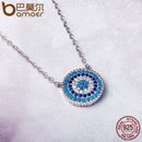 BAMOER Popular 925 Sterling Silver Round Blue Crystal Lucky Blue Eyes Women Pendant Necklaces Authentic Silver Jewelry SCN099