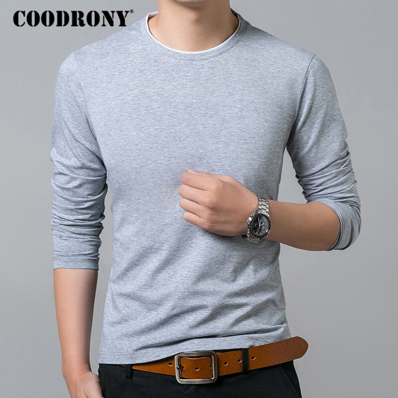 COODRONY, camiseta para hombre, otoño 2019, camiseta informal de manga larga que combina con todo, cuello redondo, ropa de marca para hombre, camisetas de algodón suave, Tops 8617