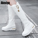 New Women Boots Knee High Boots Square Heels Fashion Round Toe Rubber Sole Woman Leather Shoes Winter Black